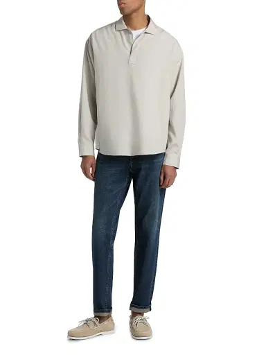 FRAME Men's Linen Long-Sleeve Polo Shirt - Dusty Beige | Thumbnail 2 FRAME Men's Linen Long-Sleeve Polo Shirt - Dusty Beige | Thumbnail 2
