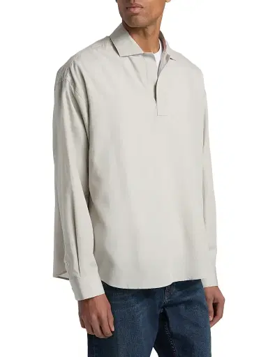 FRAME Men's Linen Long-Sleeve Polo Shirt - Dusty Beige | Thumbnail 4 FRAME Men's Linen Long-Sleeve Polo Shirt - Dusty Beige | Thumbnail 4