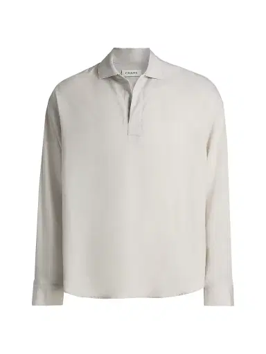 FRAME Men's Linen Long-Sleeve Polo Shirt - Dusty Beige | Thumbnail 1 FRAME Men's Linen Long-Sleeve Polo Shirt - Dusty Beige | Thumbnail 1