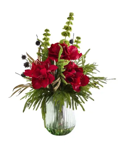T & C Floral Company Christmas 27" Faux Floral Arrangement in Green Glass Vase | Thumbnail 1 T & C Floral Company Christmas 27" Faux Floral Arrangement in Green Glass Vase | Thumbnail 1