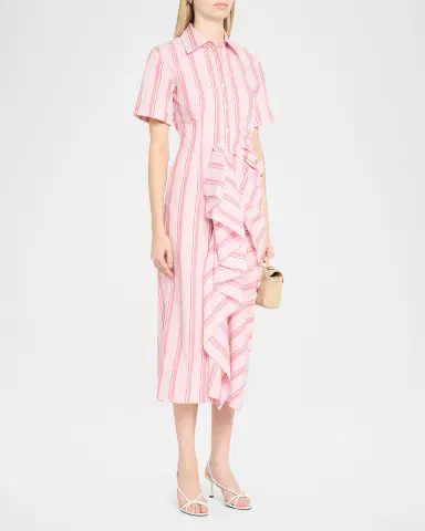 Rosie Assoulin Gathered Ruffle Striped Cotton Midi Shirtdress | Thumbnail 3 Rosie Assoulin Gathered Ruffle Striped Cotton Midi Shirtdress | Thumbnail 3