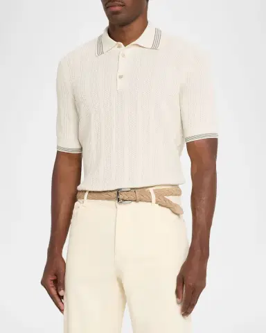 Brunello Cucinelli Men's Cotton Textured Rib Knit Polo Shirt | Thumbnail 3 Brunello Cucinelli Men's Cotton Textured Rib Knit Polo Shirt | Thumbnail 3