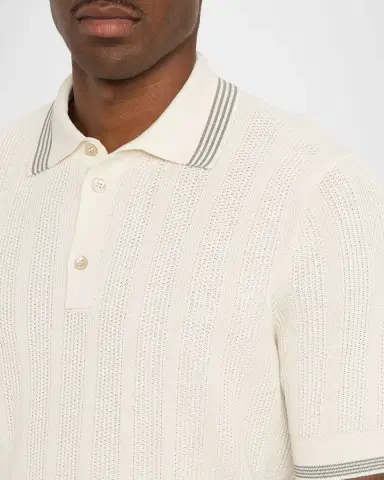 Brunello Cucinelli Men's Cotton Textured Rib Knit Polo Shirt | Thumbnail 4 Brunello Cucinelli Men's Cotton Textured Rib Knit Polo Shirt | Thumbnail 4