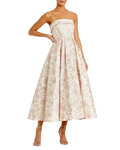 Mac Duggal Strapless Floral Brocade A Line Midi Dress | Thumbnail 1 Mac Duggal Strapless Floral Brocade A Line Midi Dress | Thumbnail 1