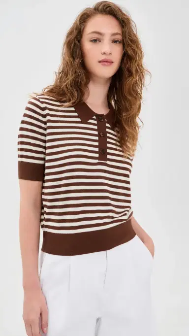 Renggli tripe Knit Polo Truffle/Ecru | Thumbnail 2 Renggli tripe Knit Polo Truffle/Ecru | Thumbnail 2