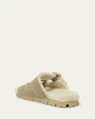 Prada Suede Shearling Lined Dual-Buckle Slide Sandals | Thumbnail 2 Prada Suede Shearling Lined Dual-Buckle Slide Sandals | Thumbnail 2