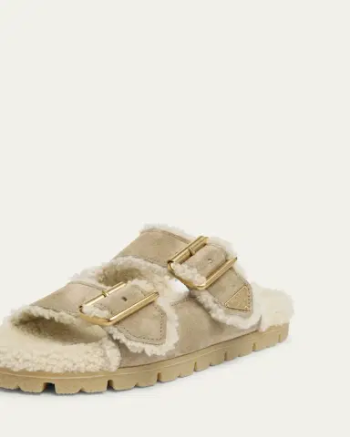Prada Suede Shearling Lined Dual-Buckle Slide Sandals | Thumbnail 3 Prada Suede Shearling Lined Dual-Buckle Slide Sandals | Thumbnail 3
