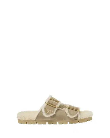 Prada Suede Shearling Lined Dual-Buckle Slide Sandals | Thumbnail 1 Prada Suede Shearling Lined Dual-Buckle Slide Sandals | Thumbnail 1