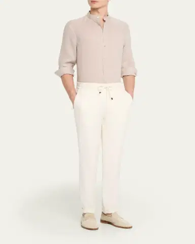 Brunello Cucinelli Men's Linen and Cotton Band Collar Button-Down Shirt | Thumbnail 2 Brunello Cucinelli Men's Linen and Cotton Band Collar Button-Down Shirt | Thumbnail 2