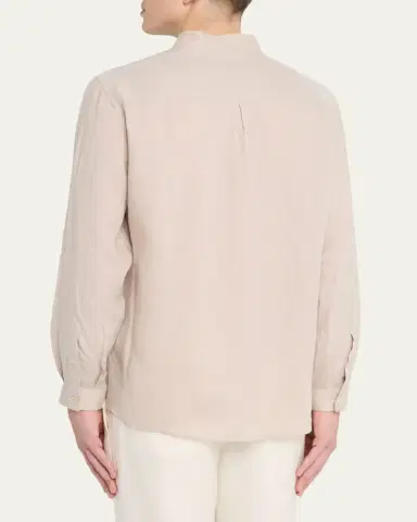 Brunello Cucinelli Men's Linen and Cotton Band Collar Button-Down Shirt | Thumbnail 3 Brunello Cucinelli Men's Linen and Cotton Band Collar Button-Down Shirt | Thumbnail 3