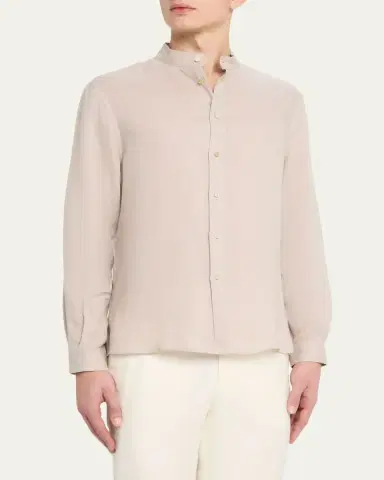Brunello Cucinelli Men's Linen and Cotton Band Collar Button-Down Shirt | Thumbnail 4 Brunello Cucinelli Men's Linen and Cotton Band Collar Button-Down Shirt | Thumbnail 4