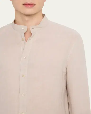 Brunello Cucinelli Men's Linen and Cotton Band Collar Button-Down Shirt | Thumbnail 5 Brunello Cucinelli Men's Linen and Cotton Band Collar Button-Down Shirt | Thumbnail 5