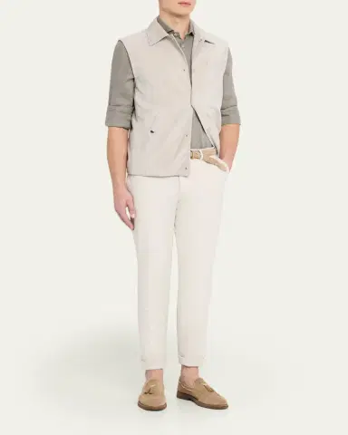 Brunello Cucinelli Men's Linen and Cotton Band Collar Button-Down Shirt | Thumbnail 2 Brunello Cucinelli Men's Linen and Cotton Band Collar Button-Down Shirt | Thumbnail 2