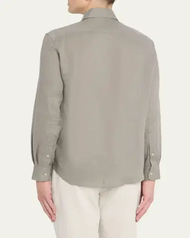 Brunello Cucinelli Men's Linen and Cotton Band Collar Button-Down Shirt | Thumbnail 3 Brunello Cucinelli Men's Linen and Cotton Band Collar Button-Down Shirt | Thumbnail 3