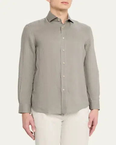 Brunello Cucinelli Men's Linen and Cotton Band Collar Button-Down Shirt | Thumbnail 4 Brunello Cucinelli Men's Linen and Cotton Band Collar Button-Down Shirt | Thumbnail 4