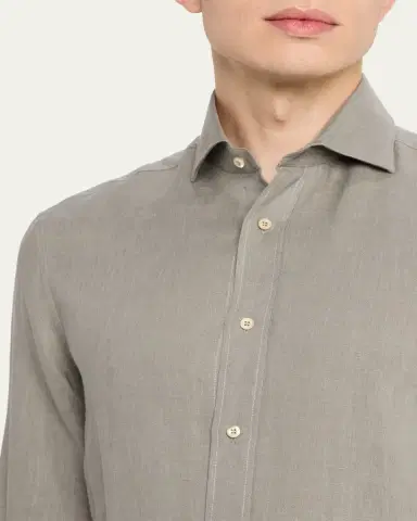 Brunello Cucinelli Men's Linen and Cotton Band Collar Button-Down Shirt | Thumbnail 5 Brunello Cucinelli Men's Linen and Cotton Band Collar Button-Down Shirt | Thumbnail 5