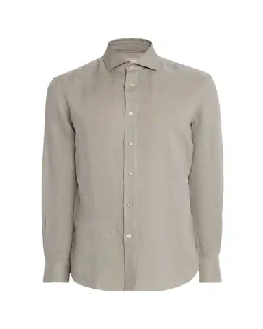 Brunello Cucinelli Men's Linen and Cotton Band Collar Button-Down Shirt | Thumbnail 1 Brunello Cucinelli Men's Linen and Cotton Band Collar Button-Down Shirt | Thumbnail 1