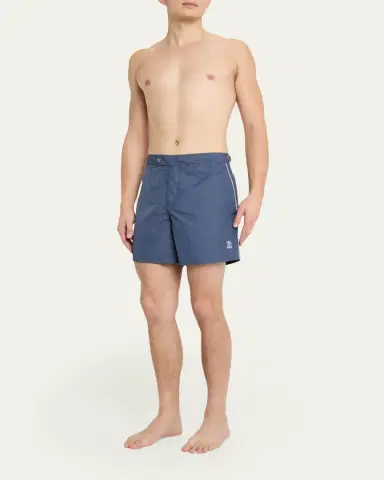 Brunello Cucinelli Men's Tabbed-Waistband Nylon Swim Shorts with Piping | Thumbnail 2 Brunello Cucinelli Men's Tabbed-Waistband Nylon Swim Shorts with Piping | Thumbnail 2