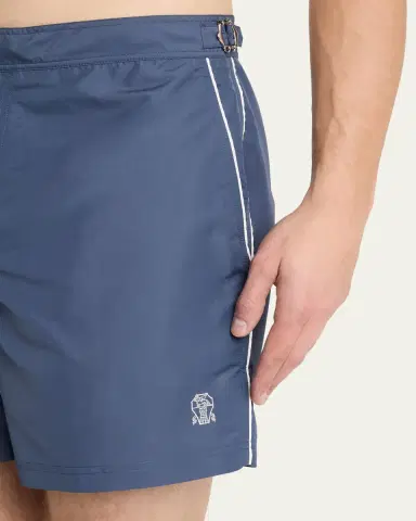 Brunello Cucinelli Men's Tabbed-Waistband Nylon Swim Shorts with Piping | Thumbnail 4 Brunello Cucinelli Men's Tabbed-Waistband Nylon Swim Shorts with Piping | Thumbnail 4