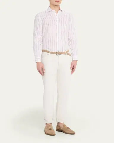 Brunello Cucinelli Men's Linen Pinstripe Spread Collar Button-Down Shirt | Thumbnail 2 Brunello Cucinelli Men's Linen Pinstripe Spread Collar Button-Down Shirt | Thumbnail 2
