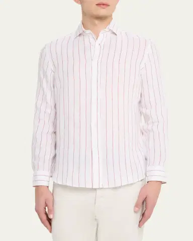 Brunello Cucinelli Men's Linen Pinstripe Spread Collar Button-Down Shirt | Thumbnail 4 Brunello Cucinelli Men's Linen Pinstripe Spread Collar Button-Down Shirt | Thumbnail 4