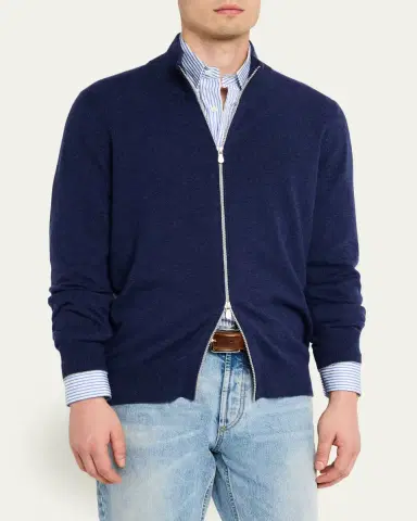 Brunello Cucinelli Men's Cotton and Cashmere Full-Zip Sweater | Thumbnail 4 Brunello Cucinelli Men's Cotton and Cashmere Full-Zip Sweater | Thumbnail 4