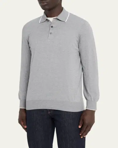 Brunello Cucinelli Men's Cotton and Cashmere Knit Polo Sweater | Thumbnail 4 Brunello Cucinelli Men's Cotton and Cashmere Knit Polo Sweater | Thumbnail 4