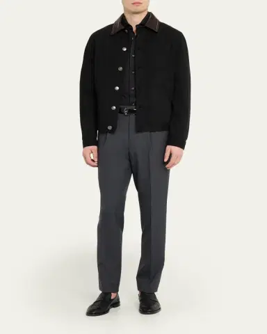 Brunello Cucinelli Men's Garment-Dyed Denim Leather-Collar Shirt Jacket | Thumbnail 2 Brunello Cucinelli Men's Garment-Dyed Denim Leather-Collar Shirt Jacket | Thumbnail 2
