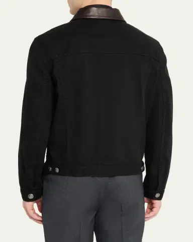 Brunello Cucinelli Men's Garment-Dyed Denim Leather-Collar Shirt Jacket | Thumbnail 3 Brunello Cucinelli Men's Garment-Dyed Denim Leather-Collar Shirt Jacket | Thumbnail 3