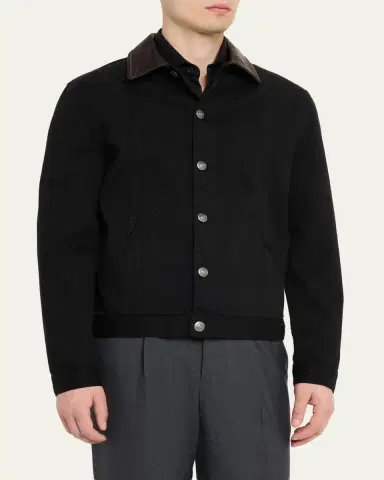 Brunello Cucinelli Men's Garment-Dyed Denim Leather-Collar Shirt Jacket | Thumbnail 4 Brunello Cucinelli Men's Garment-Dyed Denim Leather-Collar Shirt Jacket | Thumbnail 4