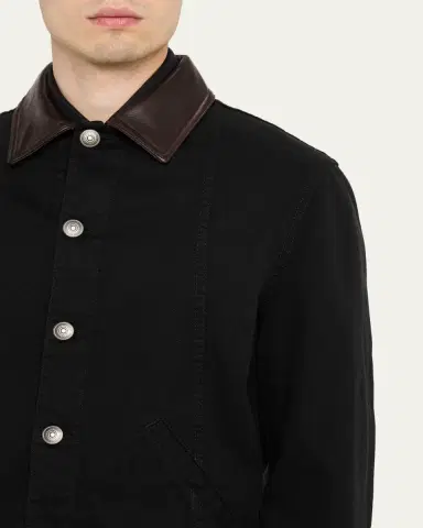 Brunello Cucinelli Men's Garment-Dyed Denim Leather-Collar Shirt Jacket | Thumbnail 5 Brunello Cucinelli Men's Garment-Dyed Denim Leather-Collar Shirt Jacket | Thumbnail 5