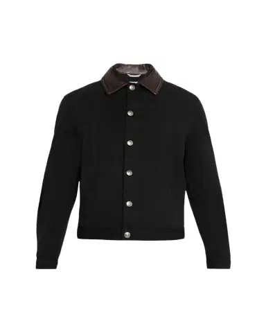 Brunello Cucinelli Men's Garment-Dyed Denim Leather-Collar Shirt Jacket | Thumbnail 1 Brunello Cucinelli Men's Garment-Dyed Denim Leather-Collar Shirt Jacket | Thumbnail 1