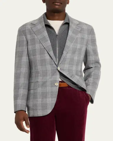 Brunello Cucinelli Men's Wool, Silk and Linen Plaid Single-Breasted Suit Jacket | Thumbnail 4 Brunello Cucinelli Men's Wool, Silk and Linen Plaid Single-Breasted Suit Jacket | Thumbnail 4