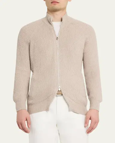 Brunello Cucinelli Men's Cotton Rib Full-Zip Cardigan | Thumbnail 4 Brunello Cucinelli Men's Cotton Rib Full-Zip Cardigan | Thumbnail 4