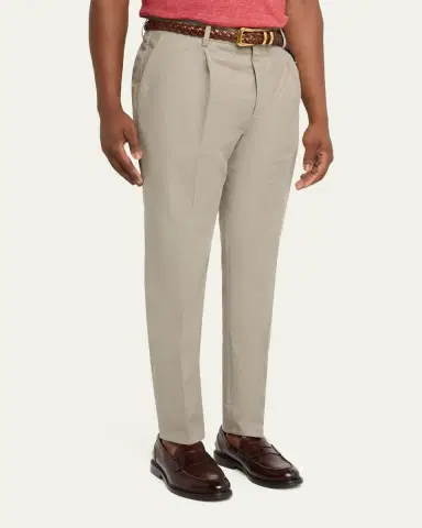 Brunello Cucinelli Men's Cotton and Linen Leisure-Fit Pleated Trousers | Thumbnail 4 Brunello Cucinelli Men's Cotton and Linen Leisure-Fit Pleated Trousers | Thumbnail 4