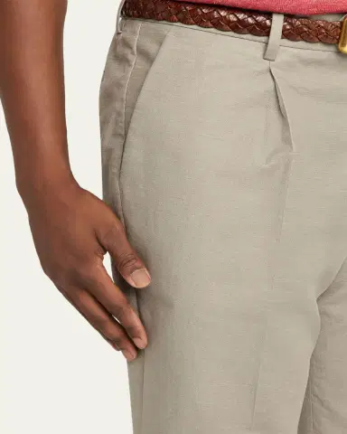 Brunello Cucinelli Men's Cotton and Linen Leisure-Fit Pleated Trousers | Thumbnail 5 Brunello Cucinelli Men's Cotton and Linen Leisure-Fit Pleated Trousers | Thumbnail 5