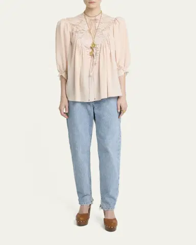 Chloé Lace-Trim Puff-Sleeve Organic Silk Crepe De Chine Top | Thumbnail 2 Chloé Lace-Trim Puff-Sleeve Organic Silk Crepe De Chine Top | Thumbnail 2