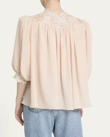 Chloé Lace-Trim Puff-Sleeve Organic Silk Crepe De Chine Top | Thumbnail 3 Chloé Lace-Trim Puff-Sleeve Organic Silk Crepe De Chine Top | Thumbnail 3
