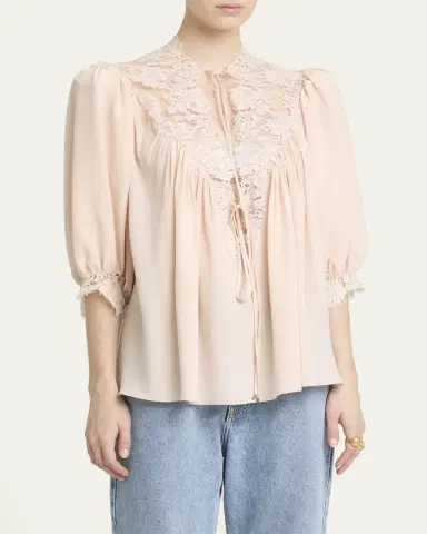 Chloé Lace-Trim Puff-Sleeve Organic Silk Crepe De Chine Top | Thumbnail 4 Chloé Lace-Trim Puff-Sleeve Organic Silk Crepe De Chine Top | Thumbnail 4