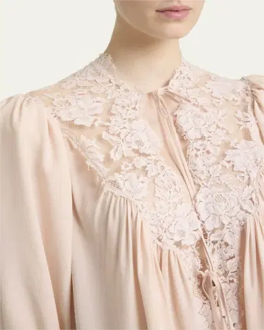 Chloé Lace-Trim Puff-Sleeve Organic Silk Crepe De Chine Top | Thumbnail 5 Chloé Lace-Trim Puff-Sleeve Organic Silk Crepe De Chine Top | Thumbnail 5