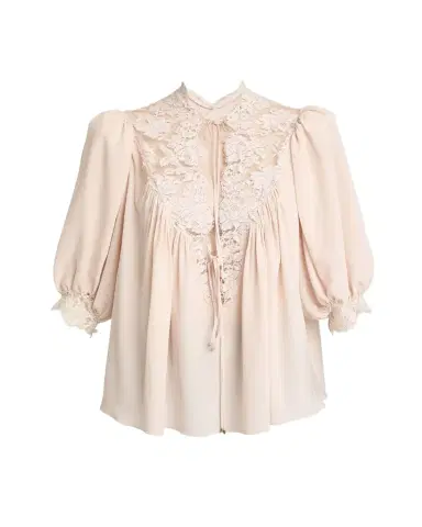 Chloé Lace-Trim Puff-Sleeve Organic Silk Crepe De Chine Top | Thumbnail 1 Chloé Lace-Trim Puff-Sleeve Organic Silk Crepe De Chine Top | Thumbnail 1