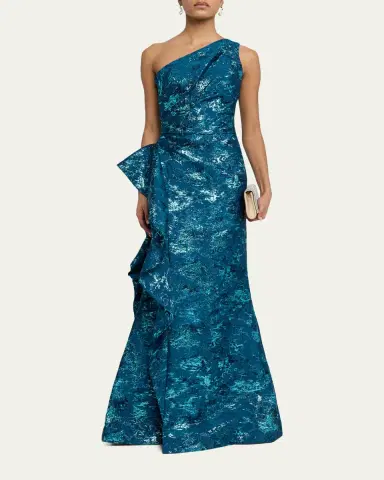 Rickie Freeman for Teri Jon Metallic Jacquard One-Shoulder Side-Ruffle Gown | Thumbnail 2 Rickie Freeman for Teri Jon Metallic Jacquard One-Shoulder Side-Ruffle Gown | Thumbnail 2