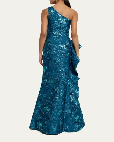 Rickie Freeman for Teri Jon Metallic Jacquard One-Shoulder Side-Ruffle Gown | Thumbnail 3 Rickie Freeman for Teri Jon Metallic Jacquard One-Shoulder Side-Ruffle Gown | Thumbnail 3