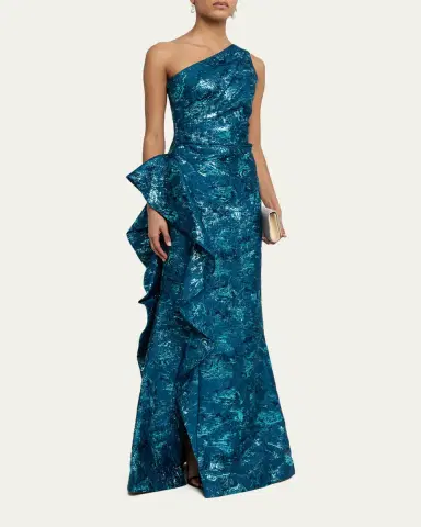 Rickie Freeman for Teri Jon Metallic Jacquard One-Shoulder Side-Ruffle Gown | Thumbnail 4 Rickie Freeman for Teri Jon Metallic Jacquard One-Shoulder Side-Ruffle Gown | Thumbnail 4
