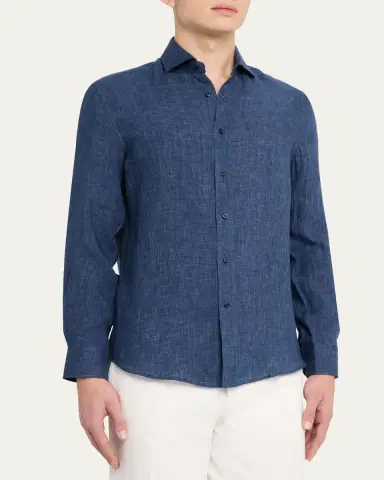Brunello Cucinelli Men's Linen Spread Collar Button-Down Shirt | Thumbnail 4 Brunello Cucinelli Men's Linen Spread Collar Button-Down Shirt | Thumbnail 4