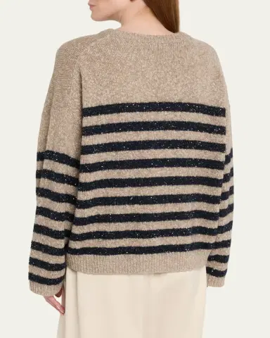 Brunello Cucinelli Shimmering Striped Wool-Cashmere Crewneck Sweater | Thumbnail 3 Brunello Cucinelli Shimmering Striped Wool-Cashmere Crewneck Sweater | Thumbnail 3