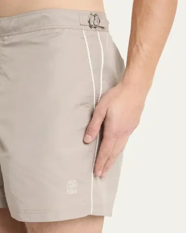Brunello Cucinelli Men's Tabbed-Waistband Nylon Swim Shorts with Piping | Thumbnail 4 Brunello Cucinelli Men's Tabbed-Waistband Nylon Swim Shorts with Piping | Thumbnail 4