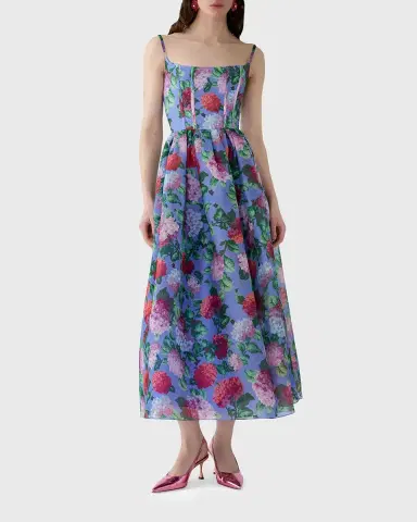 Carolina Herrera Hydrangea-Print Silk Organza Fit-and-Flare Midi Dress | Thumbnail 3 Carolina Herrera Hydrangea-Print Silk Organza Fit-and-Flare Midi Dress | Thumbnail 3