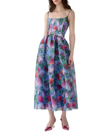 Carolina Herrera Hydrangea-Print Silk Organza Fit-and-Flare Midi Dress | Thumbnail 1 Carolina Herrera Hydrangea-Print Silk Organza Fit-and-Flare Midi Dress | Thumbnail 1
