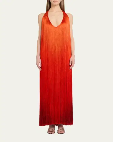 Oscar de la Renta Sleeveless Fringed Plunging Halter Gown | Thumbnail 2 Oscar de la Renta Sleeveless Fringed Plunging Halter Gown | Thumbnail 2